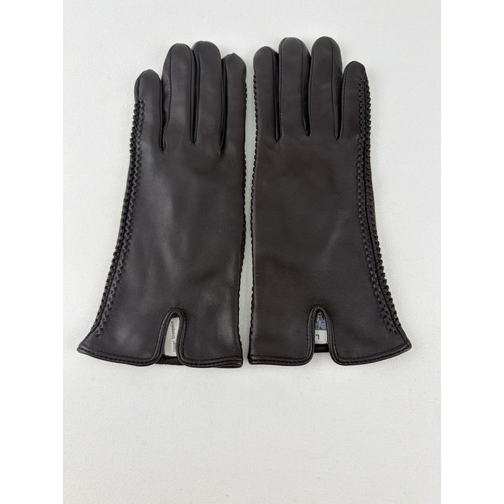 Leather Gloves Women's L Brown Sheepskin Faux Fur Lined Whipstitch Warm